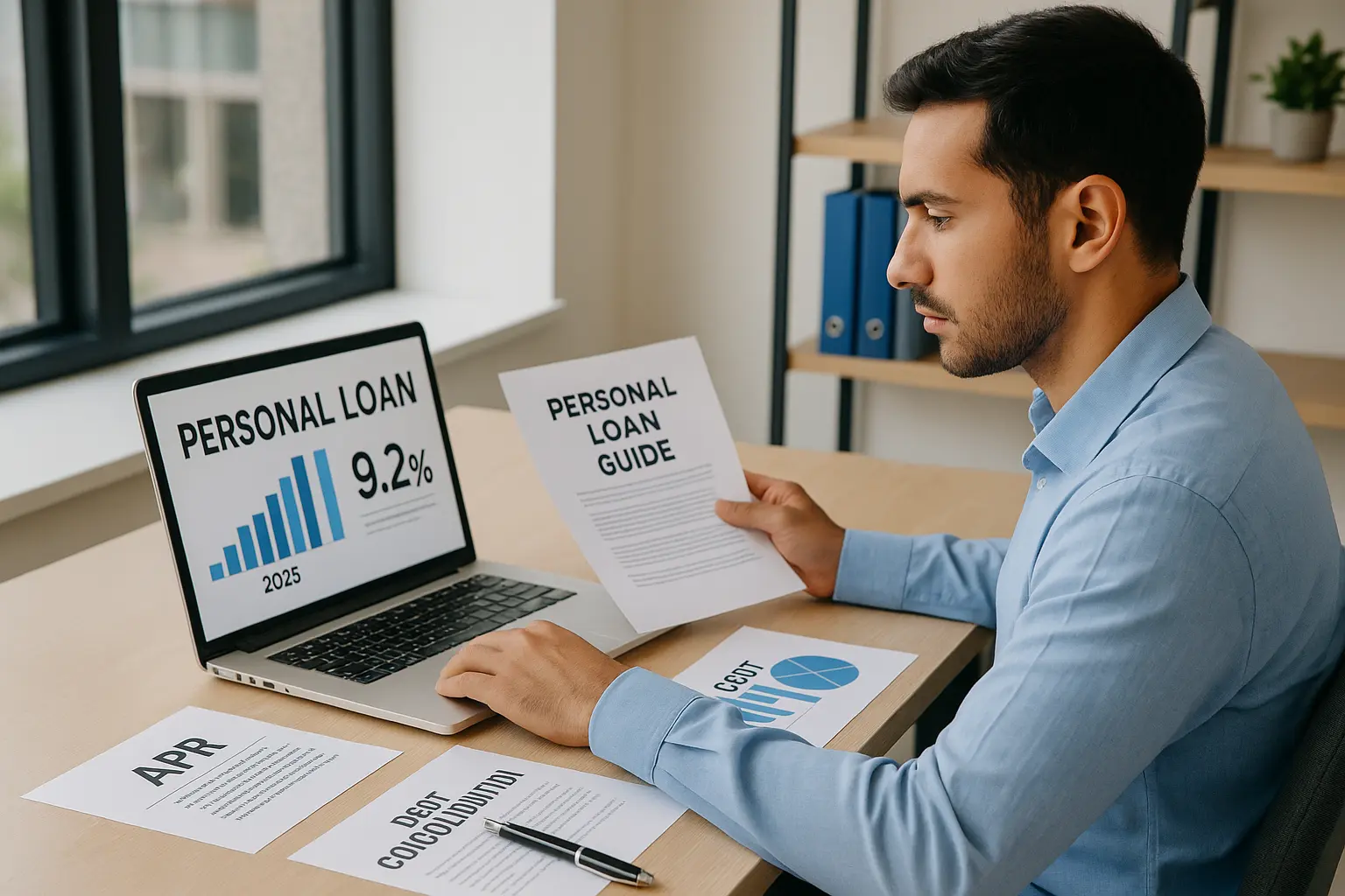 A professional reviewing loan terms, APR charts, and debt consolidation details on a laptop, representing the best personal loans in the U.S. 2025.