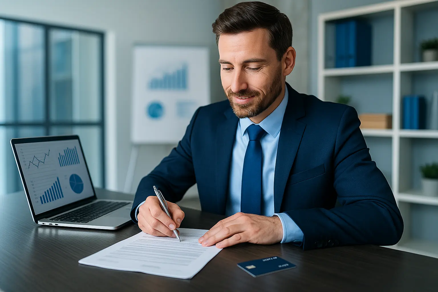 An LLC owner manages finances and paperwork with a laptop and a business credit card, building credit and credibility in 2025.