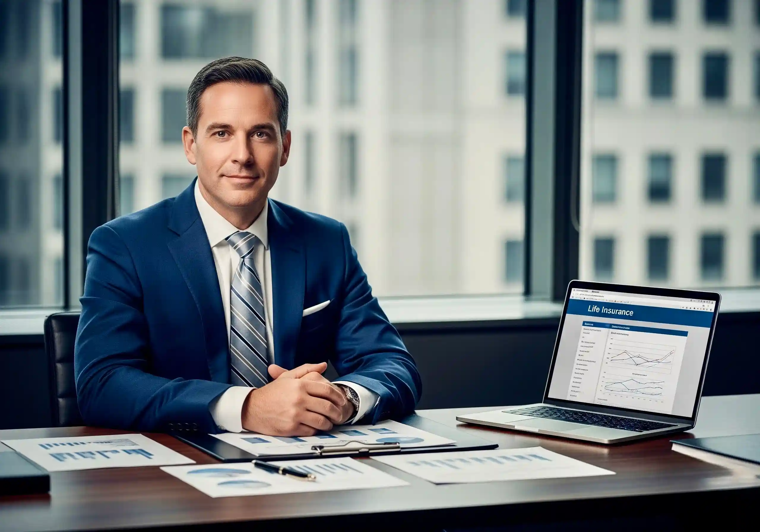 Financial advisor in modern office explaining life insurance in the U.S. 2025 with planning documents and charts