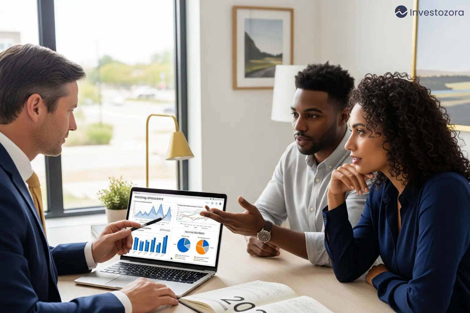 Professional couple reviewing how much house they can afford in the U.S. 2025 with mortgage rate charts and affordability calculator.