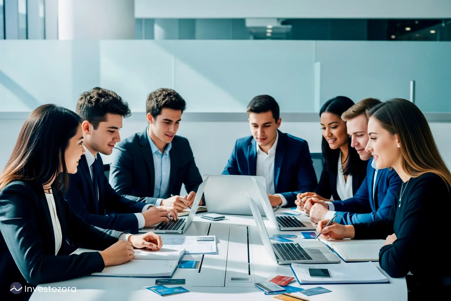 Group of U.S. college students reviewing debit cards and laptops in a modern bank setting, representing the best student bank accounts in 2025.