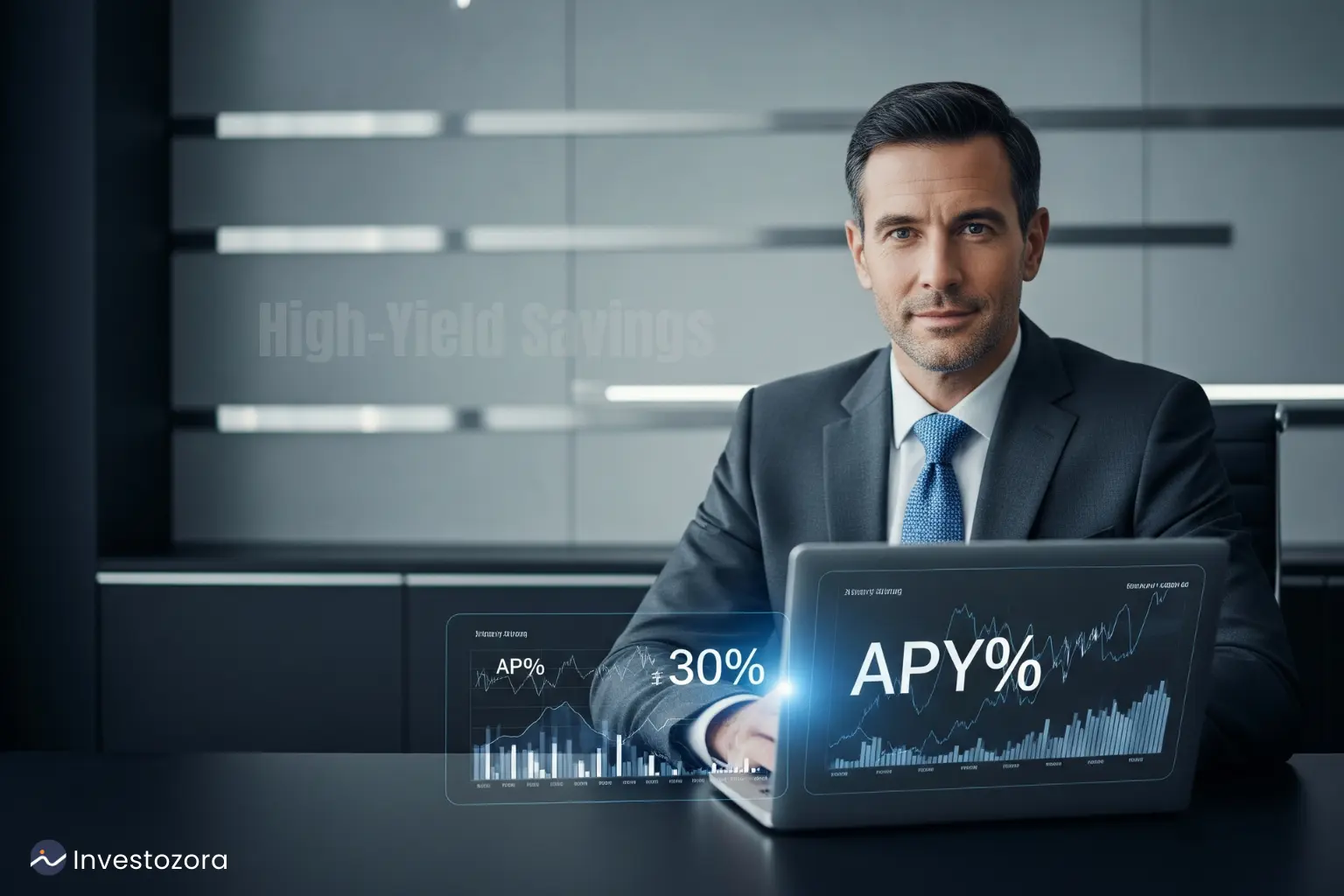 Financial professional in a luxury grey and black office analyzing charts of High-Yield Savings Accounts on a laptop