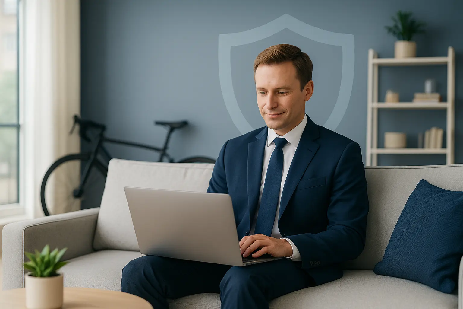A professional renter in formal attire using a laptop at home, symbolizing renters insurance theft and damage 2025 protection.