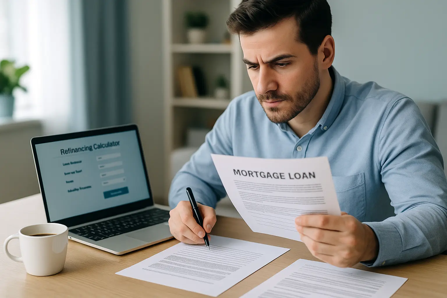 A young U.S. homeowner reviewing mortgage loan documents with a refinancing calculator on a laptop, representing refinancing mortgage 2025 decisions.