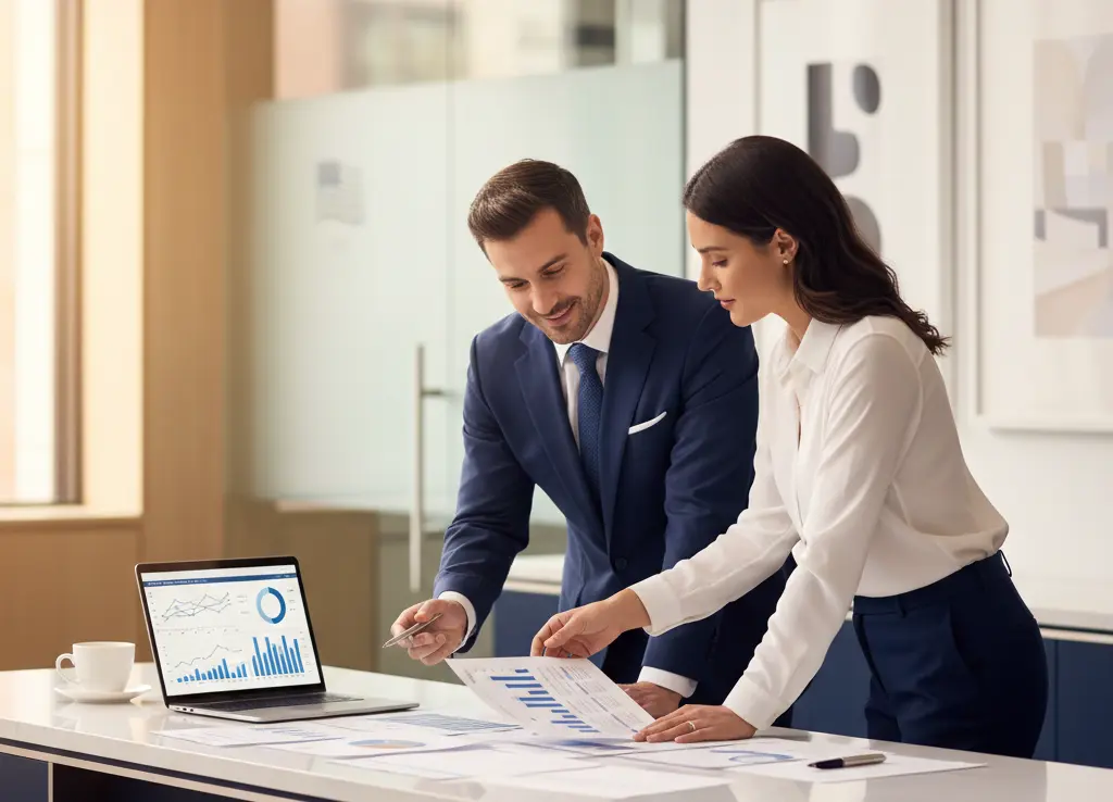 Two people reviewing documents and opening a joint bank account at a modern U.S. bank office in 2025.