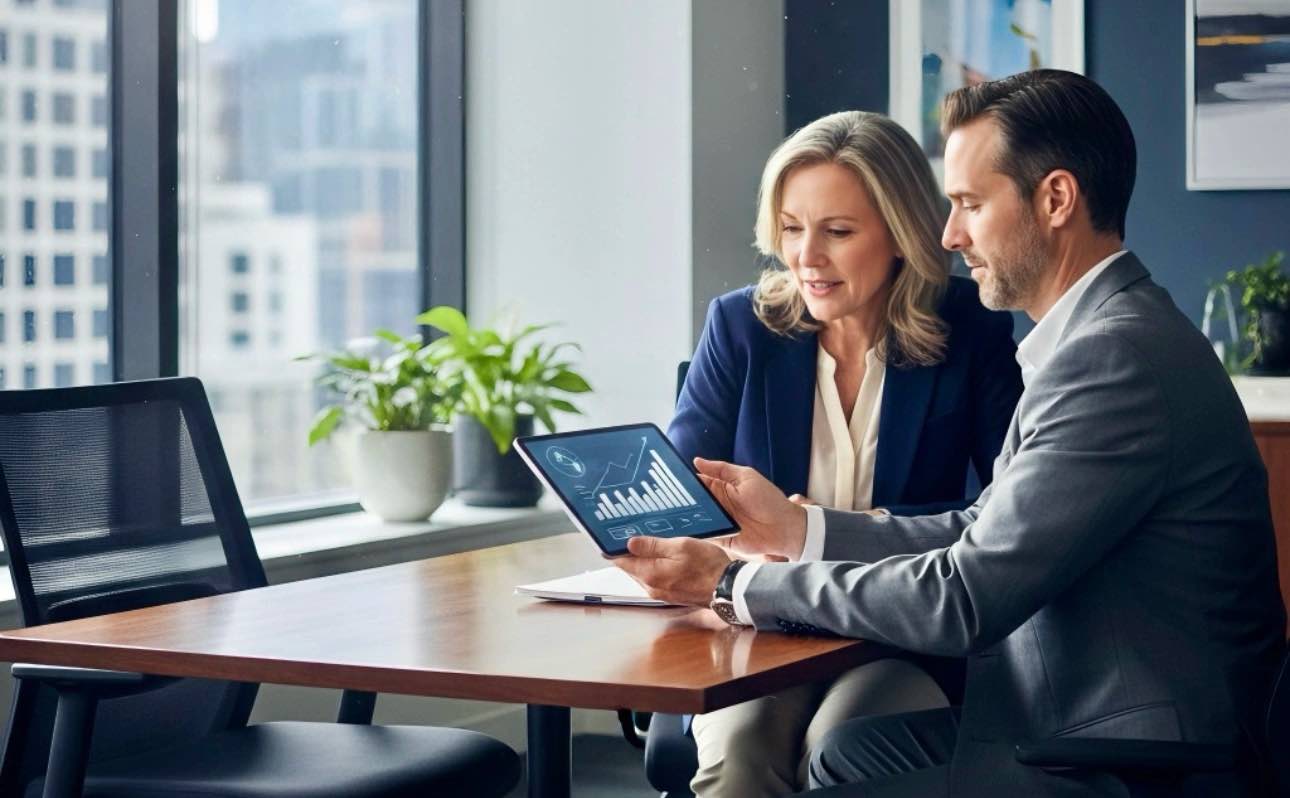 Financial advisor explaining tax-efficient investing U.S. 2025 strategies with charts and graphs in modern office