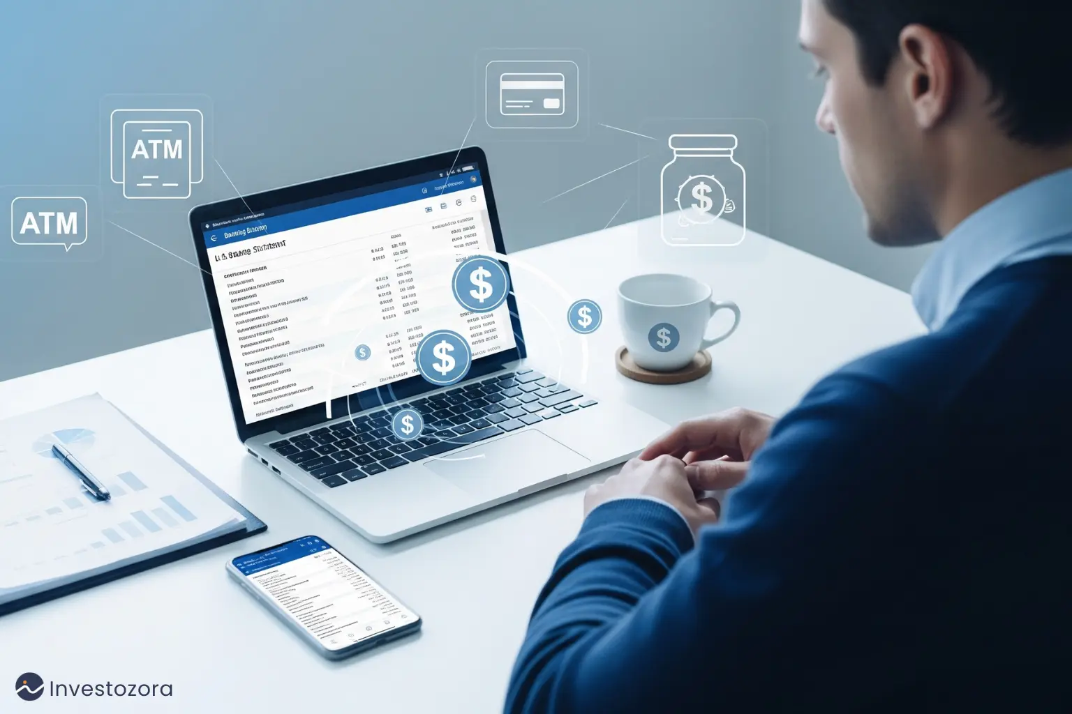 U.S. consumer checking bank statement on laptop with icons of ATM, credit card, and savings account showing tips to avoid fees.
