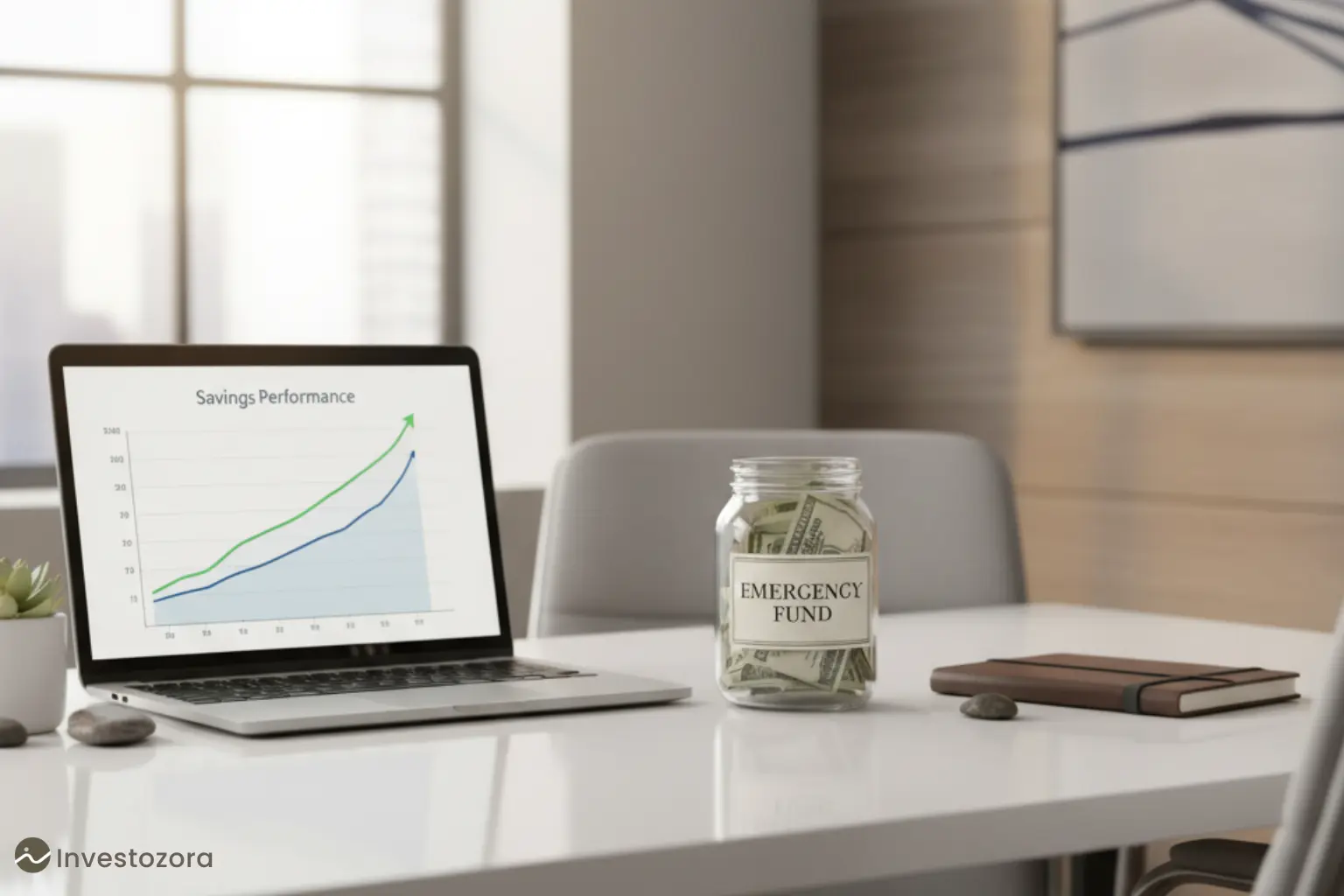 Emergency fund savings jar with laptop chart showing financial planning in 2025