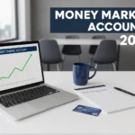 Laptop showing growth chart with notes on 2025 savings goals, representing money market accounts 2025