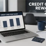 Flat-lay of U.S. credit cards with laptop and calculator showing 50,000 points value, representing credit card points worth 2025.