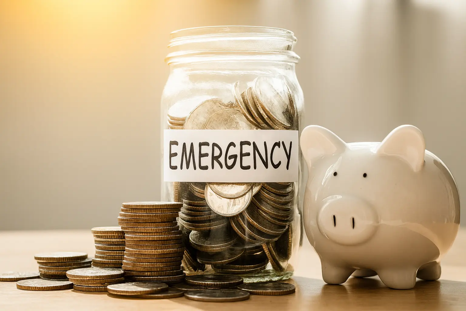 A clear photo of a glass jar labeled “Emergency” filled with coins next to a white piggy bank, representing emergency fund savings for U.S. households in 2025.