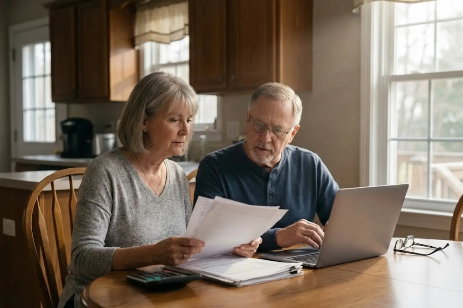 Editorial photography of a retired couple looking concerned over financial documents, illustrating the failure of the 4% rule and retirement inflation in 2026.