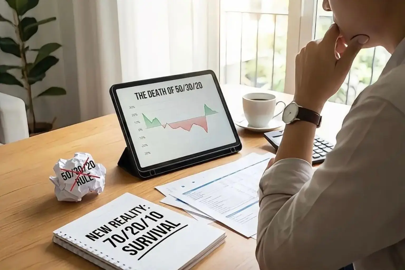 Editorial concept art showing a tablet displaying "The Death of 50/30/20" next to a notepad with "New Reality 70/20/10", illustrating why the traditional 50/30/20 rule fails in 2026.
