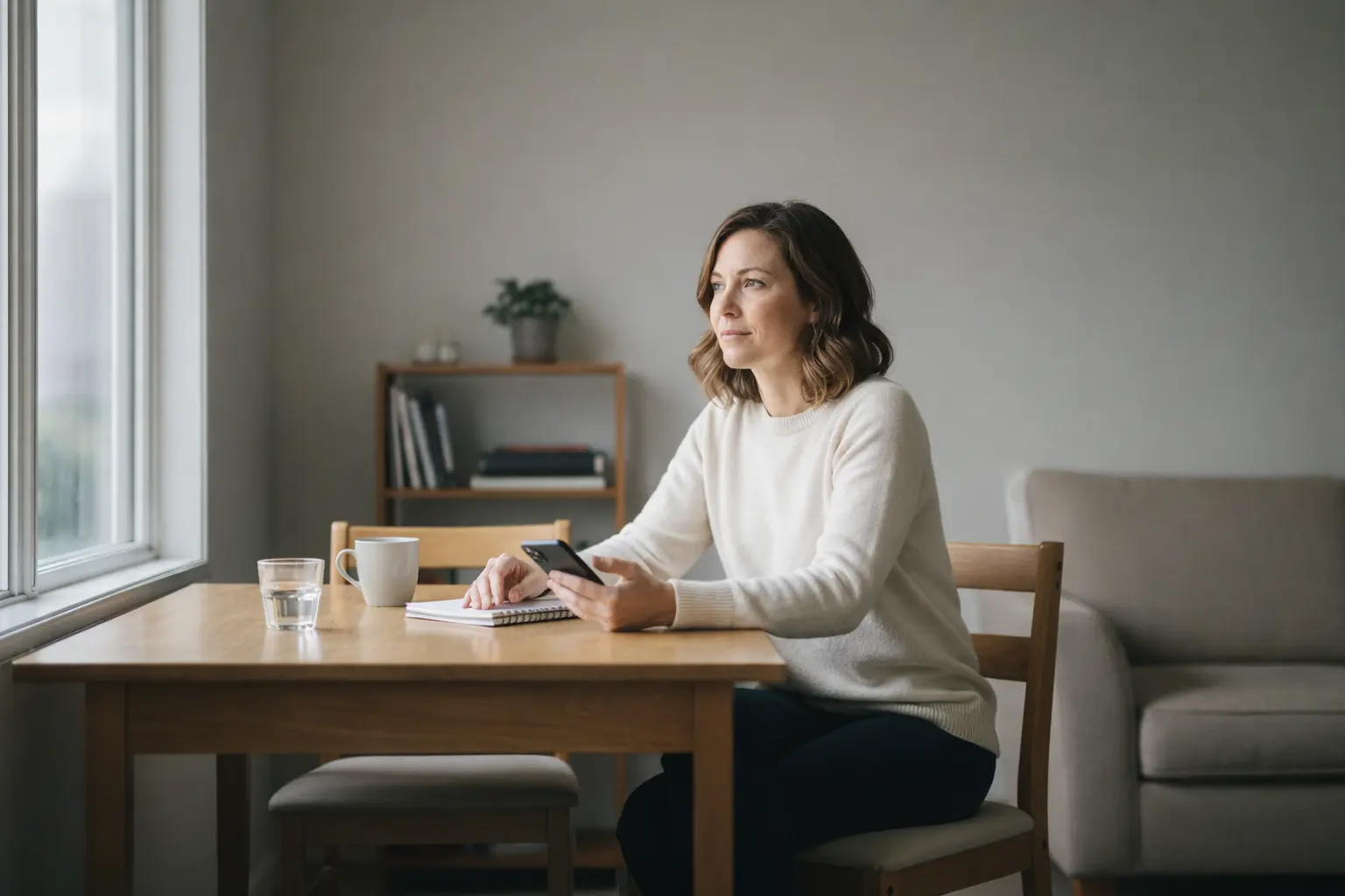 A realistic editorial photograph of a professional couple in a modern, high-end living room, capturing a moment of quiet reflection on their financial life.