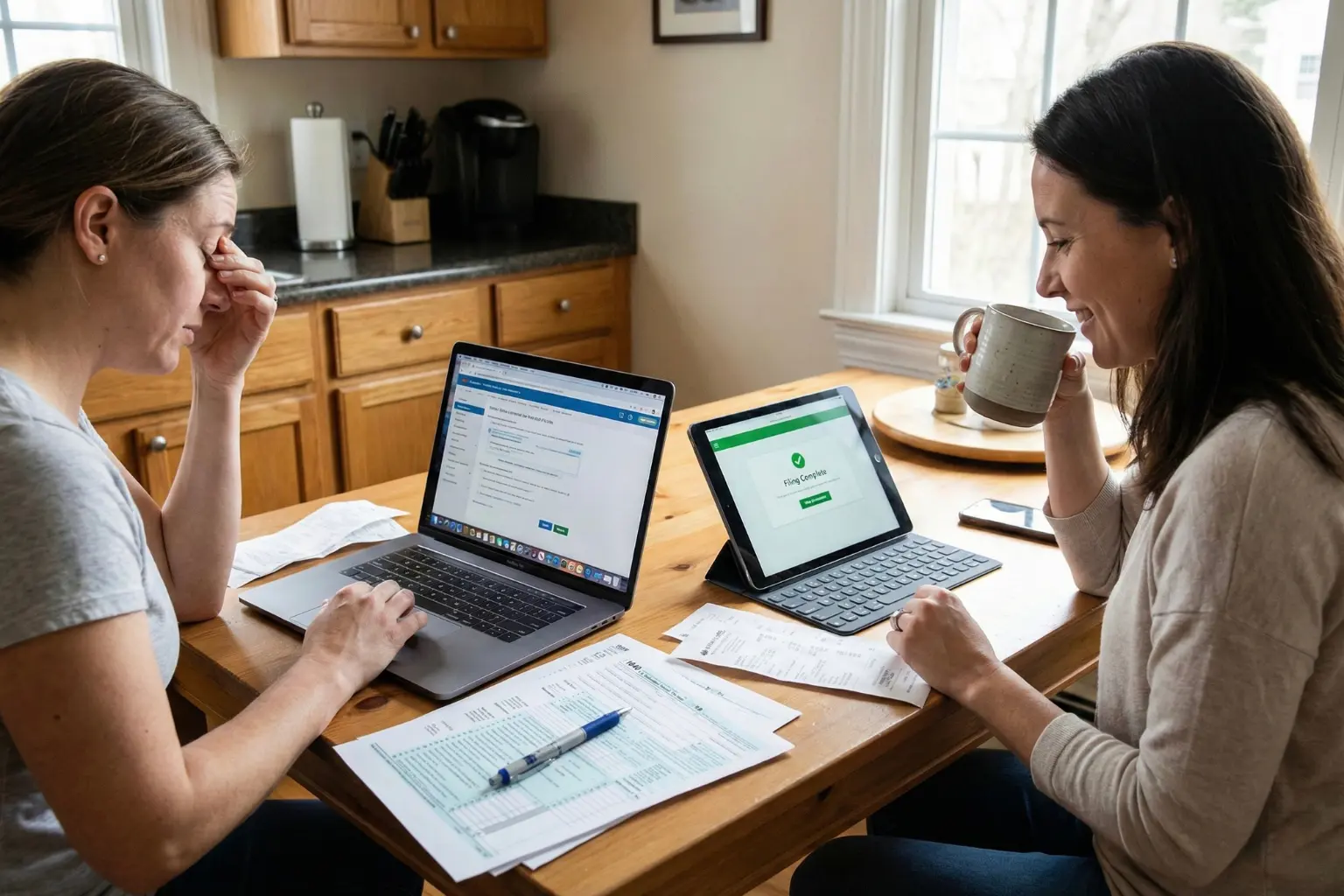A split-screen comparison showing a stressed woman trying to file taxes 2026 too early on a laptop versus a relaxed woman successfully submitting her return on a tablet during the safe February window.