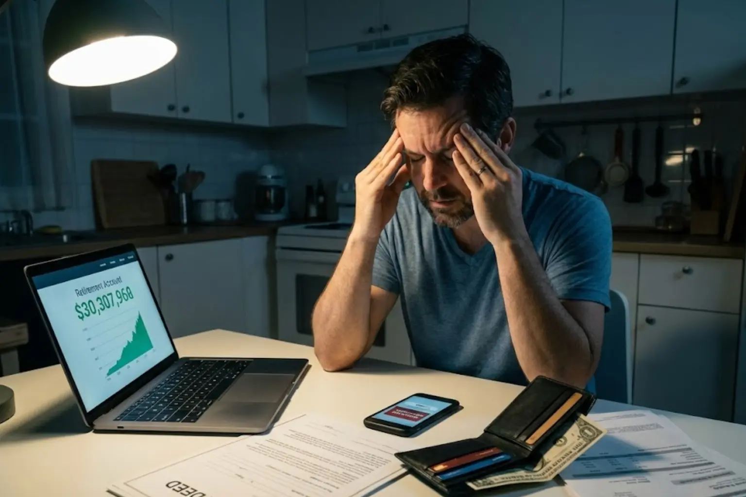 Editorial photography of a stressed man looking at a laptop showing high net worth while holding an empty wallet, visually illustrating the financial concept of the illiquidity trap.