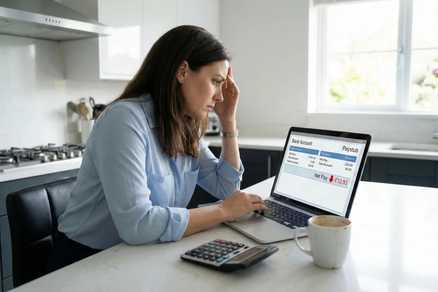 A concerned professional checking her January 2026 paycheck on a laptop and realizing her take-home pay has dropped due to the Social Security tax reset and higher insurance premiums.