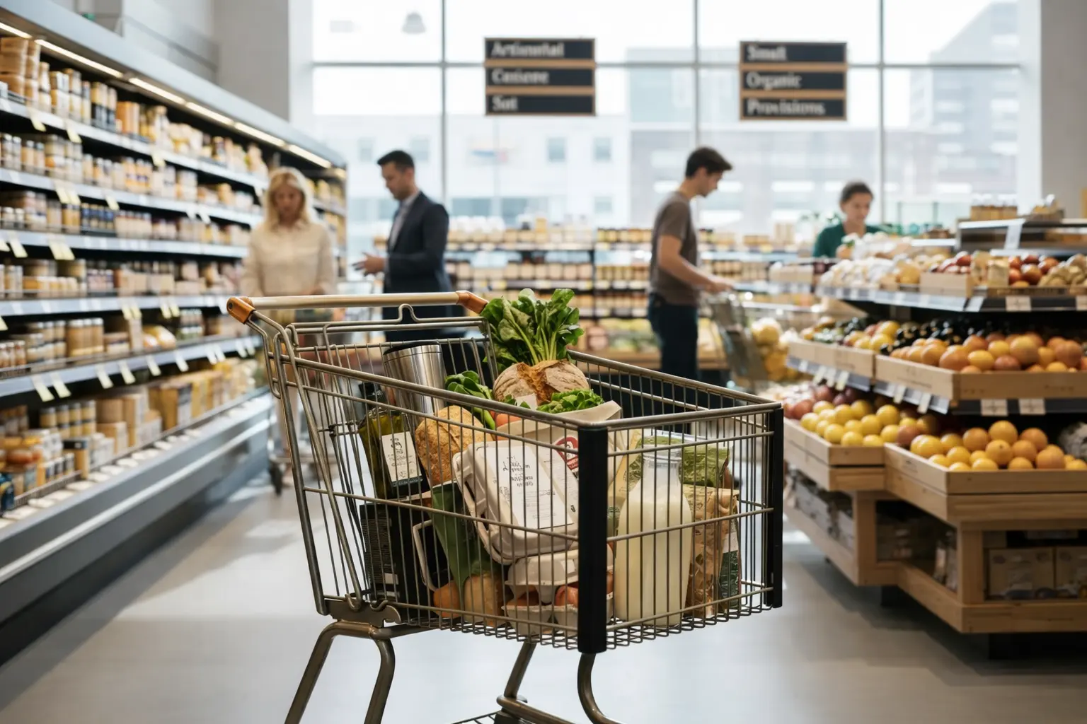 A realistic, high-quality editorial photograph of a high-end grocery store aisle with a cart containing premium organic milk, bread, and produce.