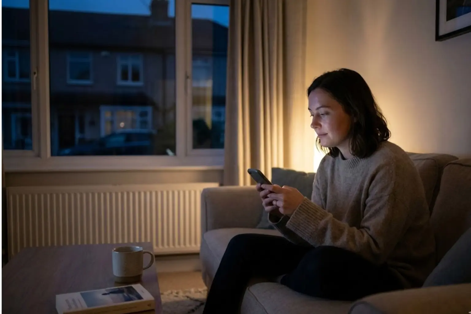 A thoughtful person pausing to check their banking app on a phone late at night, illustrating the quiet money shift Americans are experiencing in 2026.