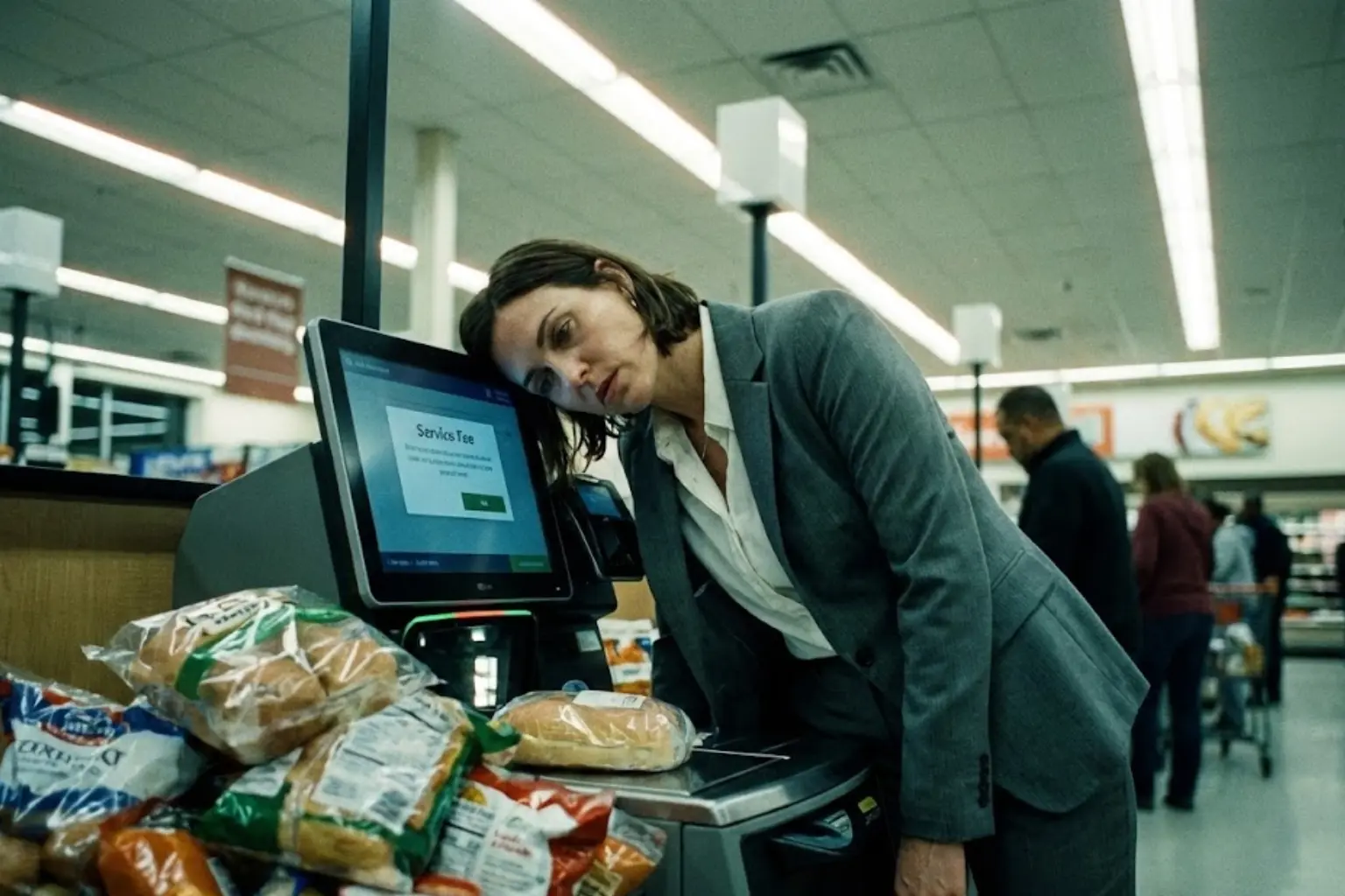 Editorial photography of a professional woman looking exhausted while leaning on a self-checkout screen, visually illustrating the concept of silent inflation and the burden of unpaid shadow labor.