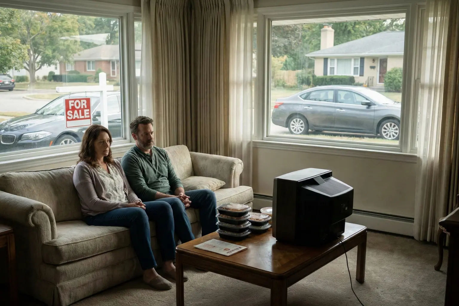 Editorial photography of a middle-class couple looking concerned in a modest living room with a For Sale sign visible outside, illustrating The Great Downgrade and the shift from ownership to renting.