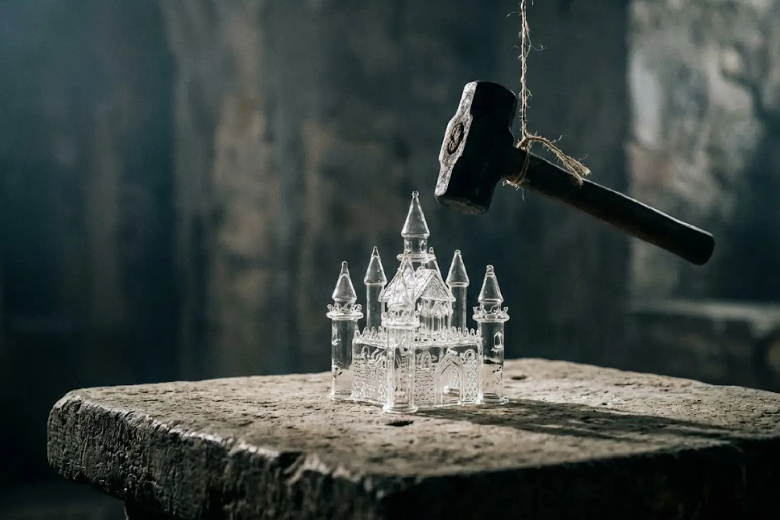 Editorial photography of a fragile glass castle threatened by a heavy hanging hammer, visually illustrating the wealth defense gap and asset fragility.