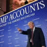 Former President Donald Trump speaking in front of Trump Accounts backdrop as parents face February 15 deadline to verify eligibility for the $1,000 Trump Account child savings program.
