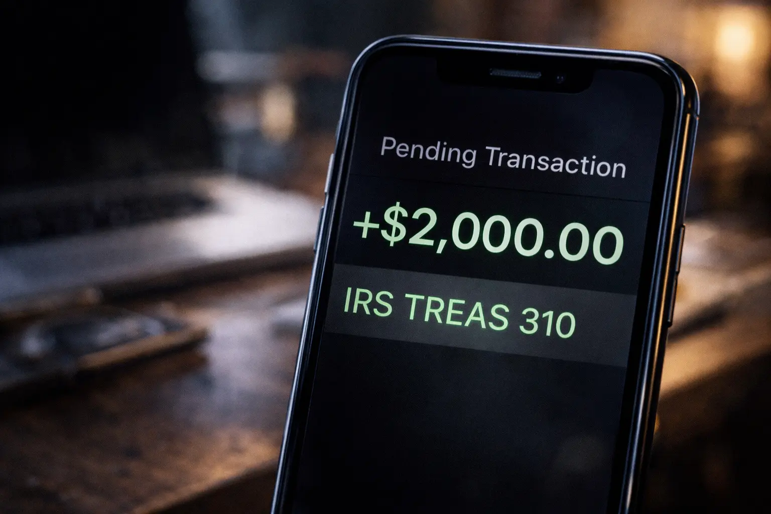 A close-up of a smartphone banking app screen showing a green "Pending" notification for a $2,000 direct deposit with the transaction code IRS TREAS 310