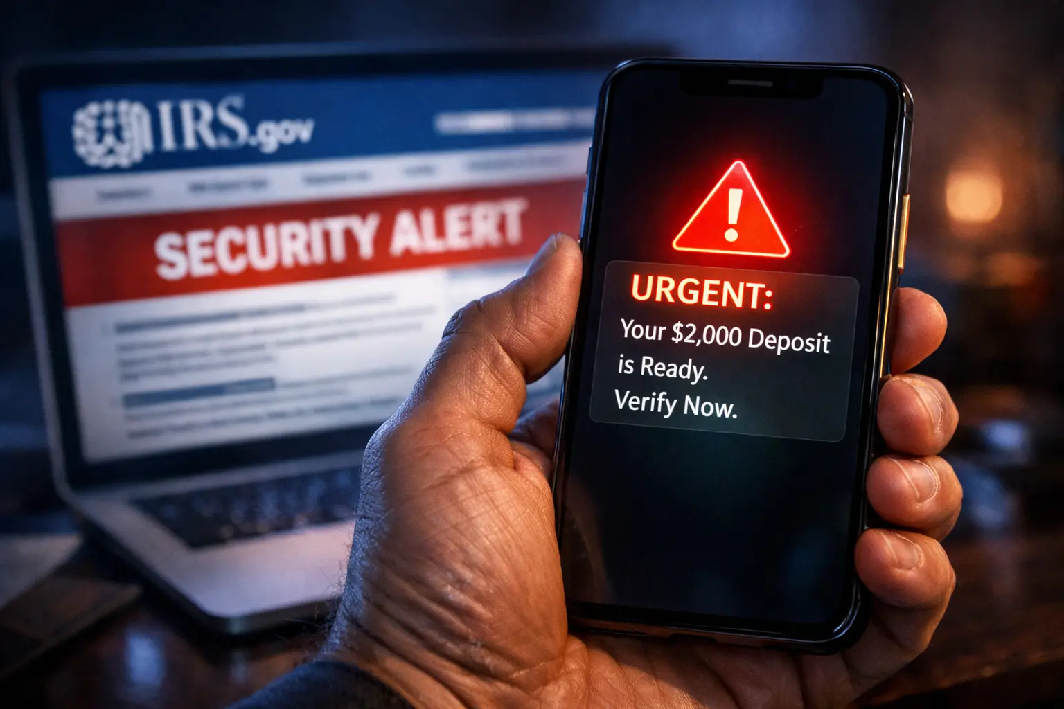A close-up of a smartphone screen showing a fraudulent $2,000 federal deposit text message next to an official IRS security warning on a laptop.