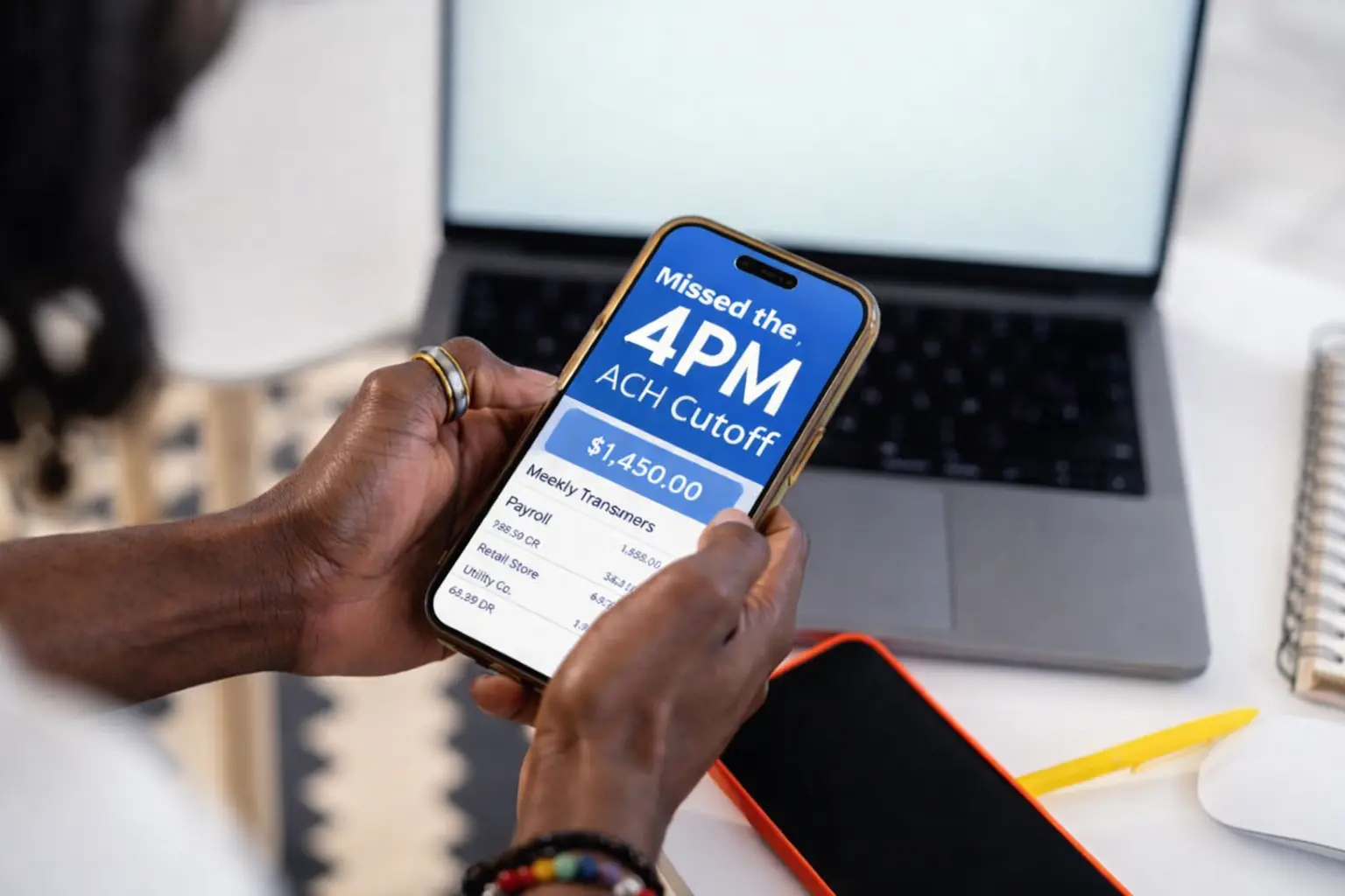 Smartphone showing ACH cutoff message and bank balance during early morning review