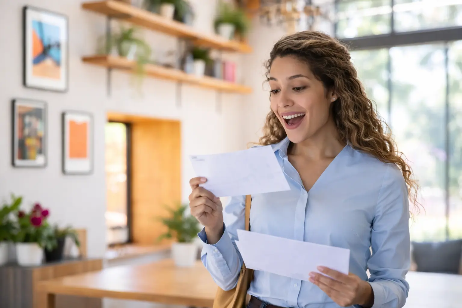 Woman reacting to average tax refund 2026 notice while reviewing mail at home
