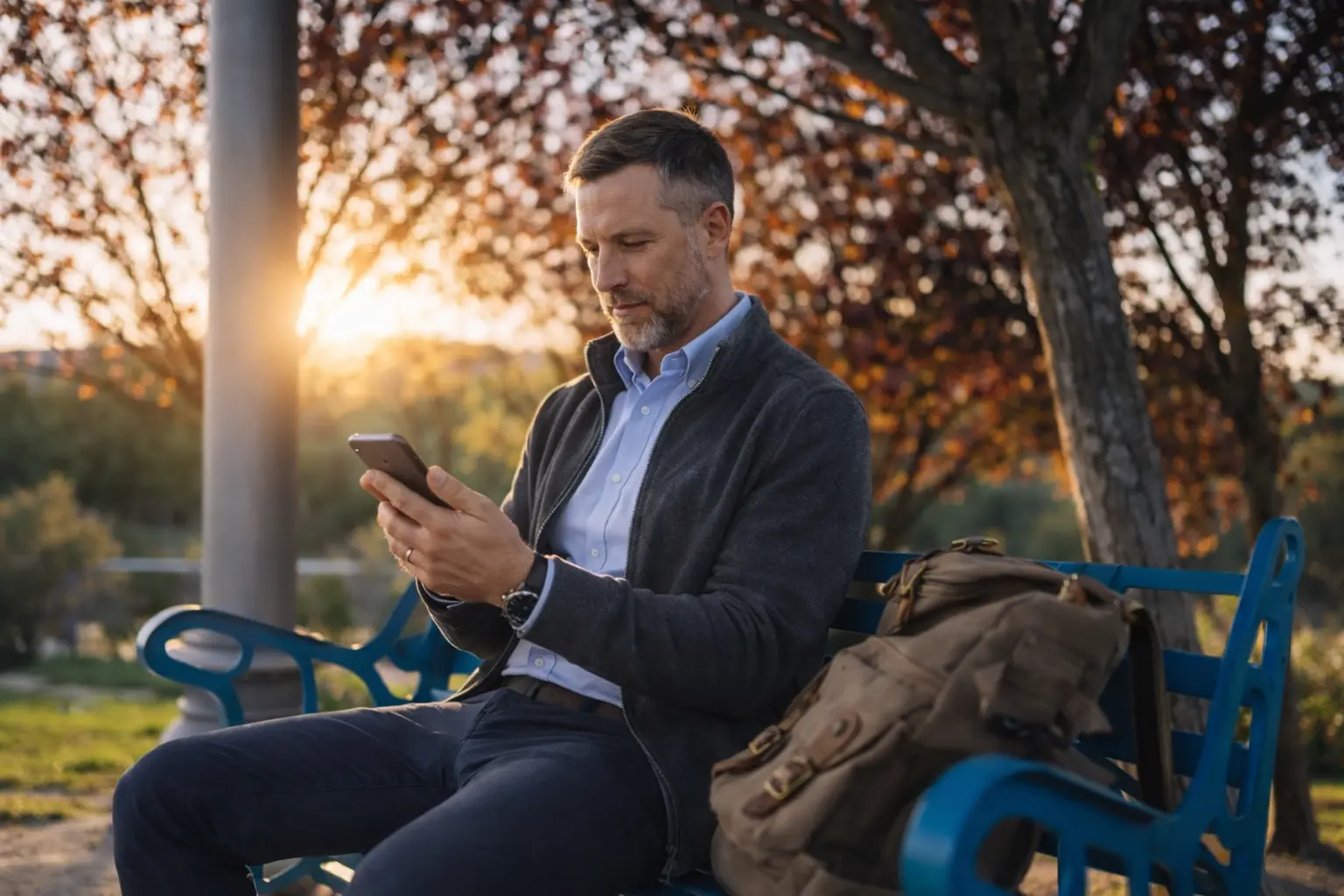 White American man checking mobile banking app at sunrise reflecting bank posting timing before 8 AM ledger release