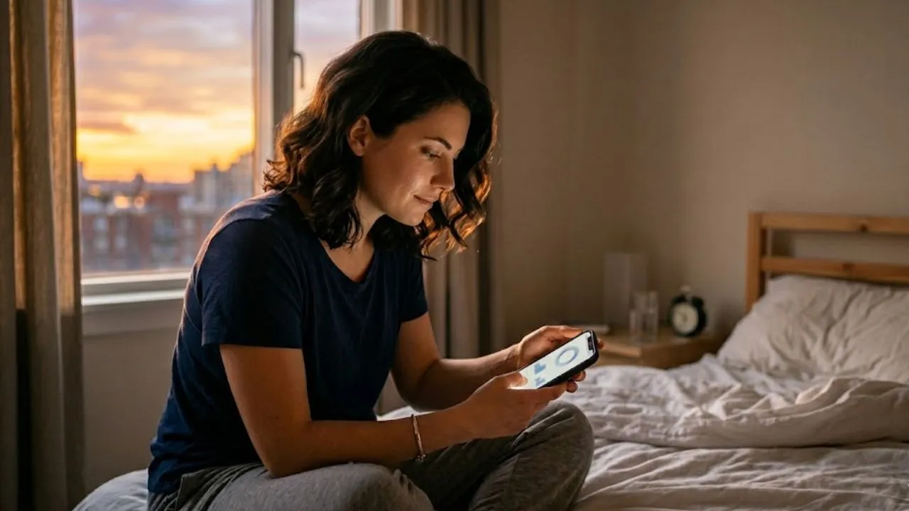 Person checking bank app on phone in early morning light with zero balance visible before ACH posting cycle completes