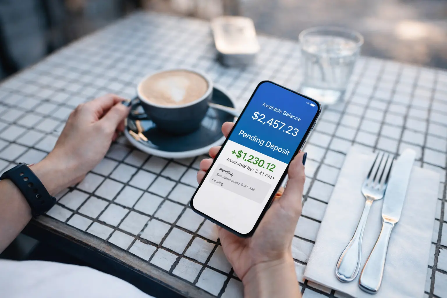 Deposit posting window visible as a pending direct deposit appears on a mobile banking app in early morning light
