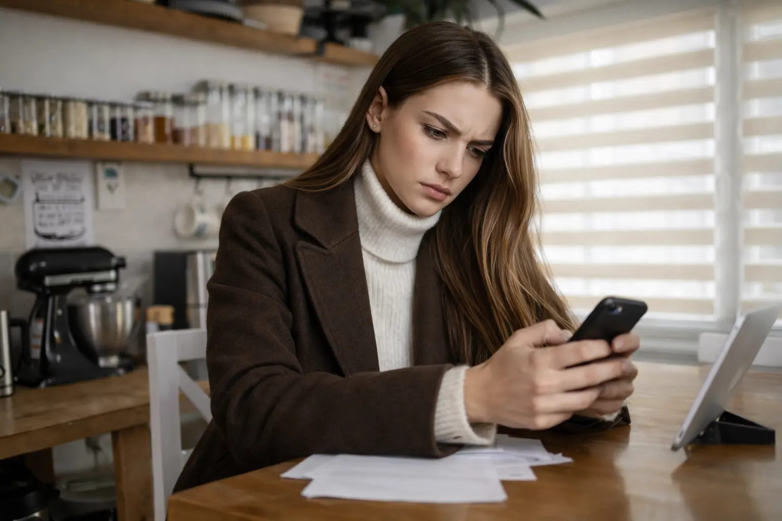 Woman checking her phone and financial documents after DHS shutdown confirmed announcement