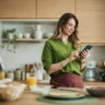 Woman checking early direct deposit balance on smartphone in morning kitchen light