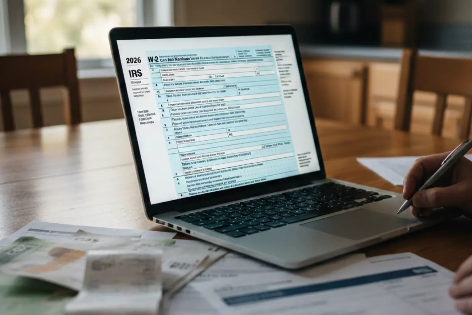 Close-up of a 2026 W-2 tax form on a laptop screen next to household bills on a wooden table, illustrating the W-2 paradox and the gap between paper income and liquid cash.