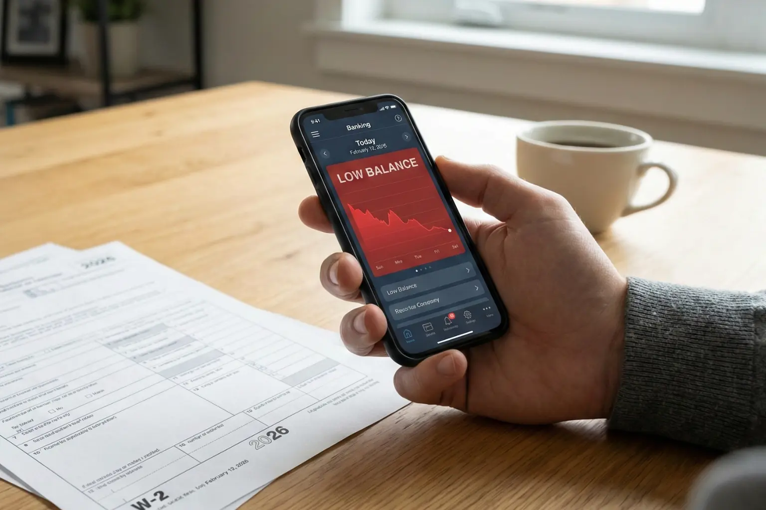 Close-up of a smartphone screen displaying a red 'Low Balance' notification held over 2026 W-2 tax documents, illustrating the February 12th liquidity pivot and mid-month cash crunch.