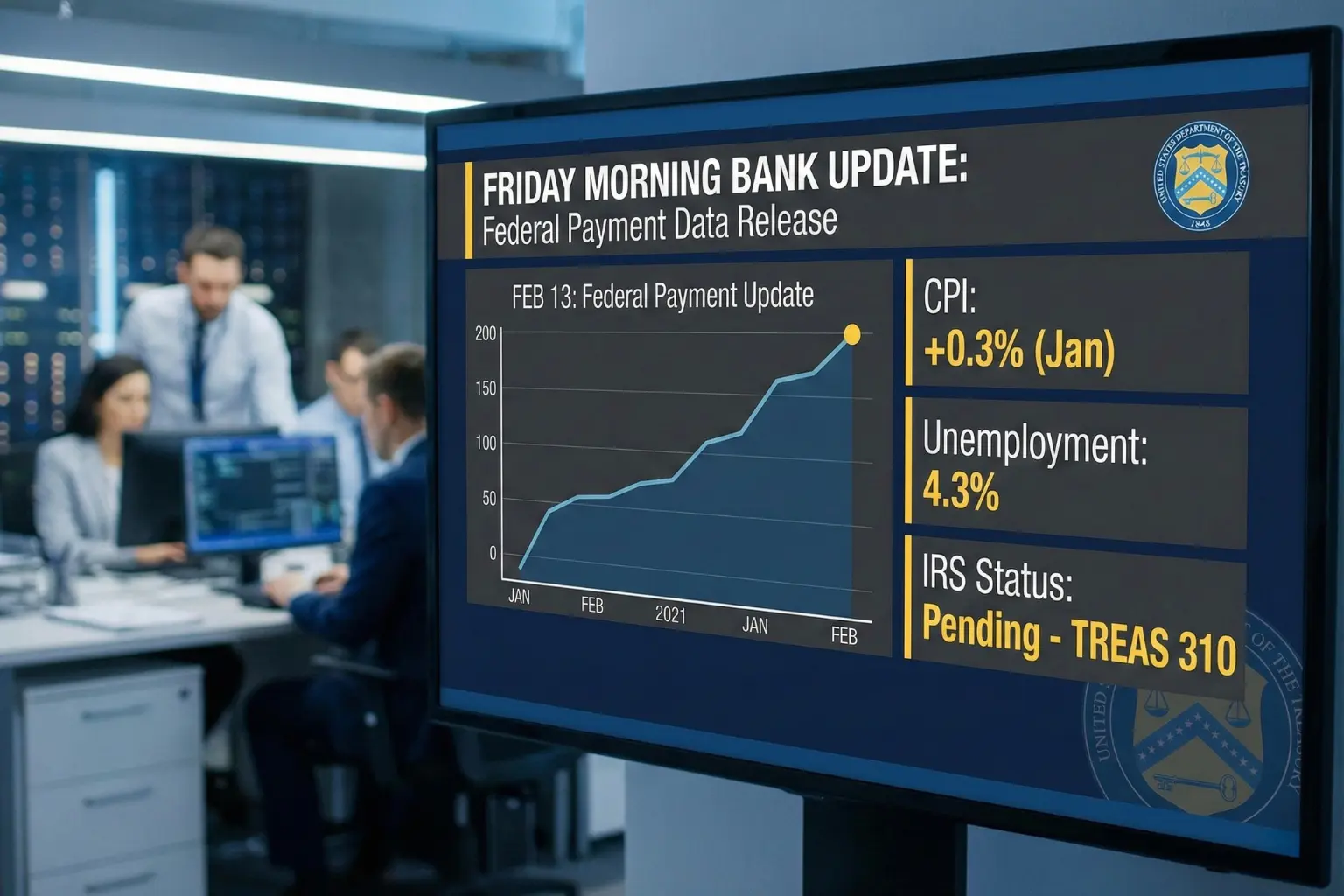 A professional digital display showing the February 13 Federal Payment Update with key data points: January CPI at +0.3%, the unemployment rate at 4.3%, and an IRS status update for pending TREAS 310 deposits.