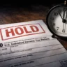 An editorial image showing a U.S. individual income tax return form for the 2026 tax year with a large red "HOLD" stamp, representing the February 15th PATH Act freeze.