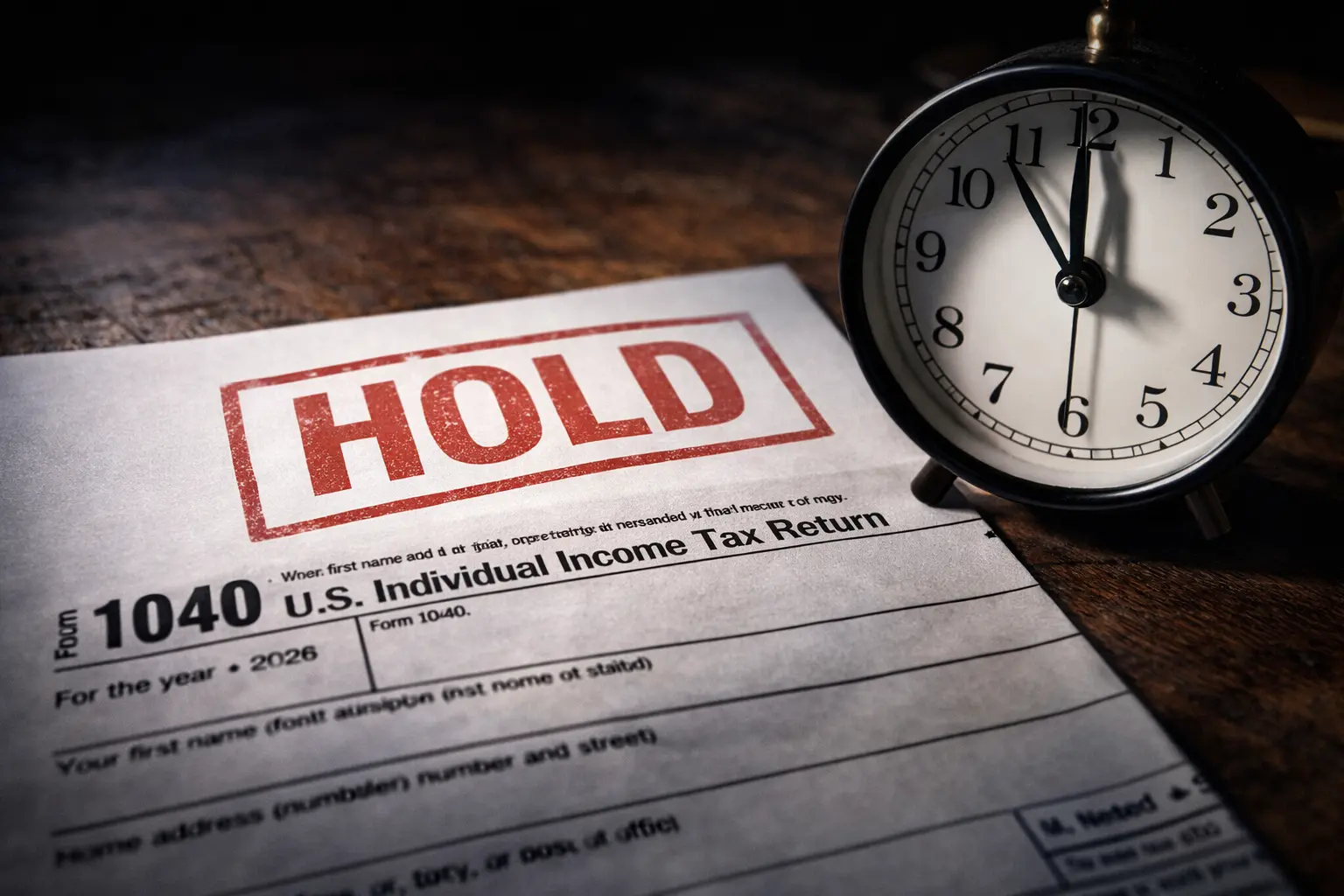 An editorial image showing a U.S. individual income tax return form for the 2026 tax year with a large red "HOLD" stamp, representing the February 15th PATH Act freeze.