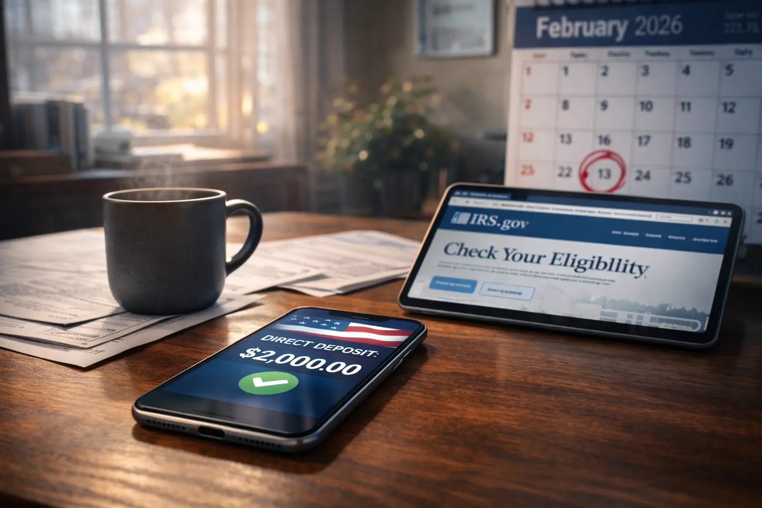 A smartphone showing a $2,000 direct deposit notification next to an IRS eligibility guide on a tablet in a home office.