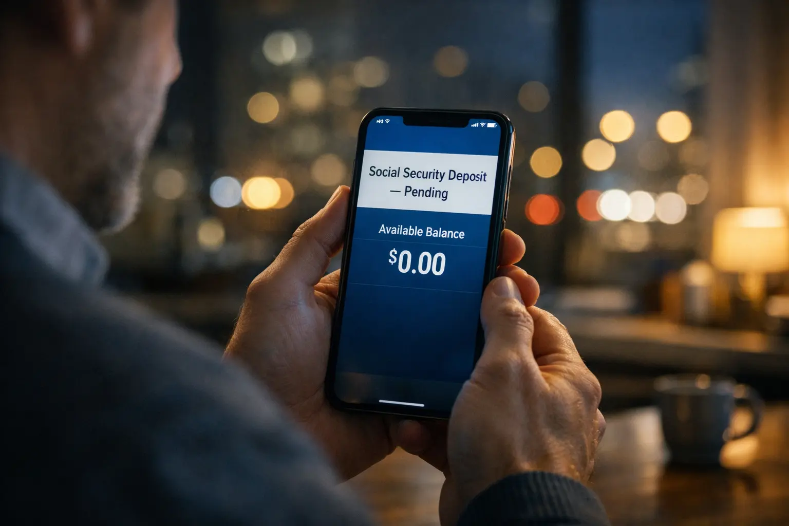 Smartphone banking app showing Social Security deposit pending with zero available balance on February 25