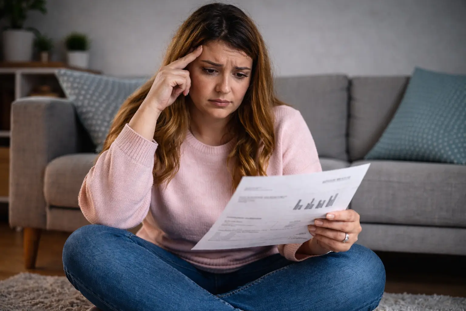 Woman reviewing household bills, reflecting financial control anxiety amid rising living costs