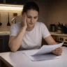 Woman reviewing household bills, experiencing financial control anxiety while managing monthly expenses