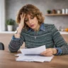 Woman reviewing household bills at a kitchen table, reflecting financial control anxiety