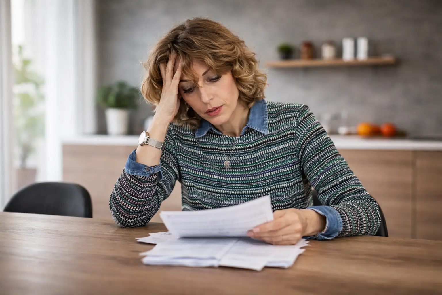 Woman reviewing household bills at a kitchen table, reflecting financial control anxiety