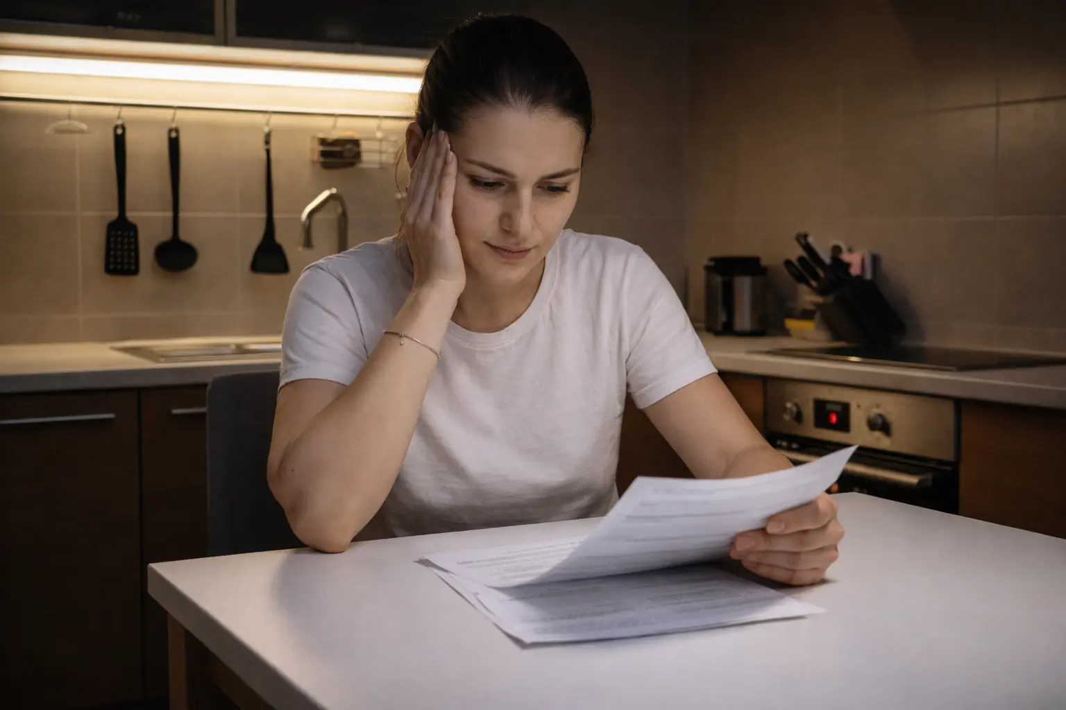Woman reviewing household bills, experiencing financial control anxiety while managing monthly expenses