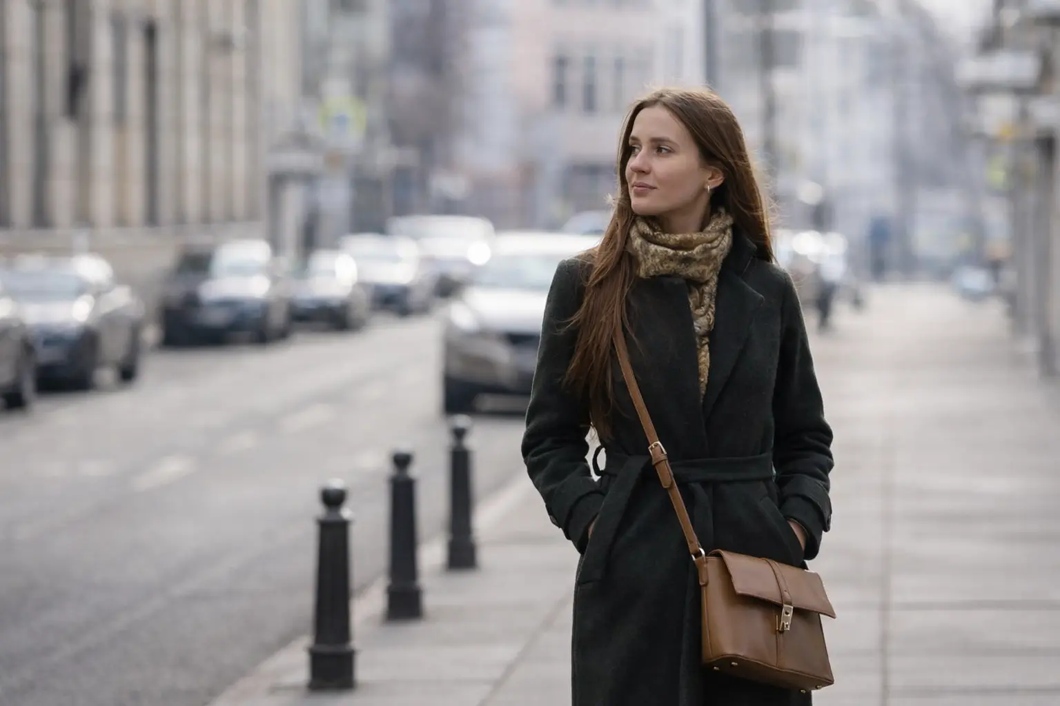 Professional woman reflecting on financial stability while standing on a quiet city street