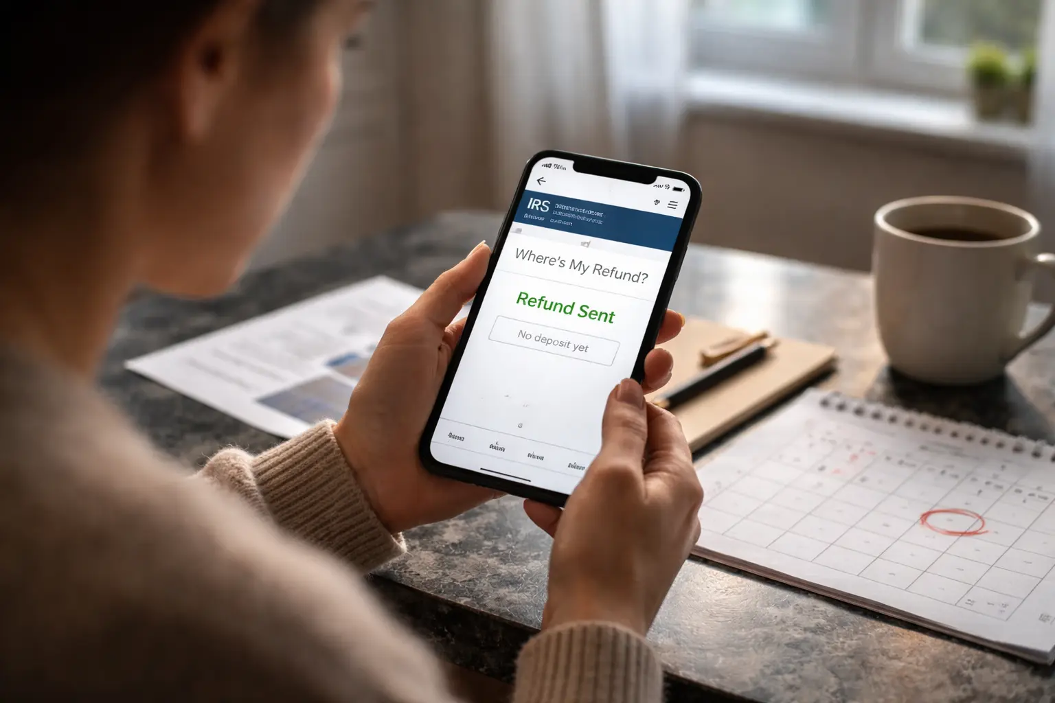 IRS Notice CP53E shown after refund sent status as taxpayer checks deposit on smartphone